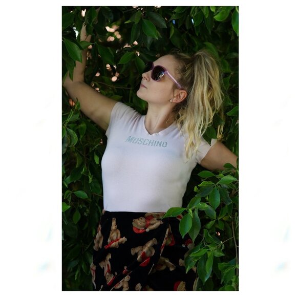 Vintage Y2K Moschino Baby Pink Gemstone Logo Tee - Picture 1 of 10